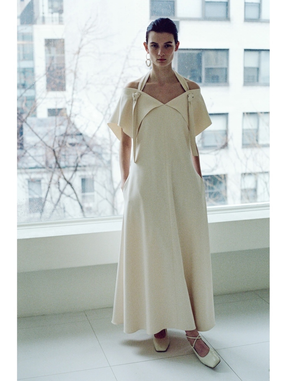 Rosetta Getty NWT Runway Draped Cady Off-Shoulder Tie-Neck Dress Cream Maxi 12